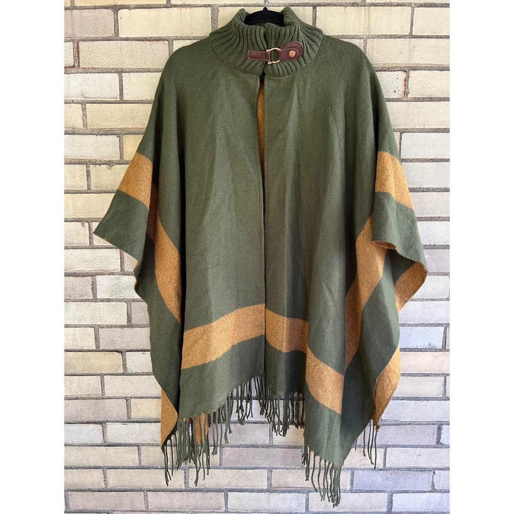 Anthropologie Green Mustard Striped Buckle Turtleneck Shawl Wrap Poncho One Size